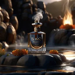 social media ad post for boss brand royal perfume .steam in the background. dramatic on rock cinematic croissant .cinematic,8k high cualitcy