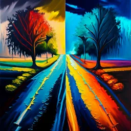 two roads diverged , art, oil colors, bright