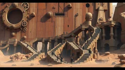A colossal, ancient structure of weathered, bronzed metal dominates the scene. Massive circular openings, some with intricate geared mechanisms, punctuate its facade. A complex network of stone staircases, bridges, and walkways winds its way up and around the structure, hinting at a lost civilization of immense scale and ingenuity. Tiny figures, dwarfed by the immensity of their surroundings, traverse these paths, their purpose and destination unknown. The landscape is arid and desolate, with a
