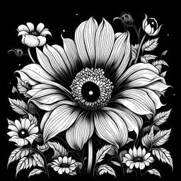 colorless cute magray between seeds and big flowers black background .black and white colors. for a coloring. with grayscale