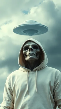 The creature from the the movie Prometheus with white hooded clothes looking at ufo in the sky front view