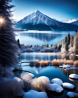 Capture a dramatic landscape featuring a city with a lake in winter,snow-capped mountain in background, under a clear morning sky