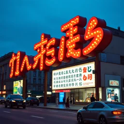 advertisings on giant signs in an unknown script (not Roman alphabet) street, made of cake-frosting and felt, volumetric light, Yves Tanguy, Joan Miró, hypermaximalist, night, nightmare, fun, 3d, odd logo, persone, auto, chaos