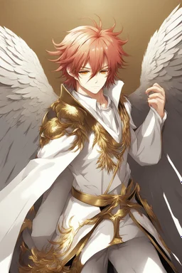 An anime adult male angel with messy red hair, gold eyes, large feathered white wings that looked burned