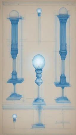 a blueprint of a square pillar with a bulb in the foot, and mirrors reflecting light up into a square crystall head