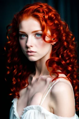 portrait of a 18 year old very pretty girl with fiery red hair hanging down in ringlets at her shoulder.