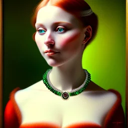 oil Portrait of a redhead beautiful busty voluptous adult woman with emeralds necklace with big Green sad eyes looking to viewer by GRANT WOOD Ingres 8k