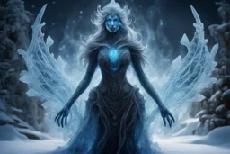 Black and blue illustration of a ghostly female creature, ice statues on frozen tundra, shiny aura, highly detailed, crimson filigree, intricate motifs, organic tracery, glowing stardust sprinkled across the scenery, perfect composition, smooth, sharp focus, sparkling particles, dramatic natural light, intricate details, high resolution long exposure