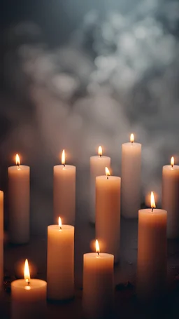 Gloomy background. a lot of candles are burning. fog in the background
