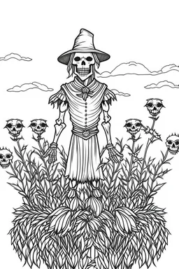 A scarecrow standing in a cornfield, with crows circling overhead. Outline, sketch style, only use outline, mandala style, clean line art, white background, no shadows, no clear wall, coloring page.