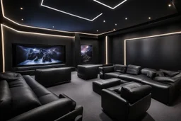 a black themed dedicated home cinema room with LED ambient lighting in the walls make sure the room is completely symmetrical