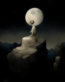 Neo Surrealism, by Gabriel Pacheco and Max Ernst, a painting of a woman is seated on a rocky surface, her eyes closed and her head bowed. The full moon illuminates the cloudy night sky with its soft, ethereal glow. She is wearing a flowing, light-colored dress that drapes elegantly over her form, capturing the serene and mystical ambiance of the moment. The moon’s radiant light casts a gentle illumination, accentuating the tranquil and introspective mood of the scene., magical realism bizarre