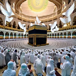 The scene in Mecca: People wearing white Ihram clothes, men without head coverings, women with veils, circumambulating around the Kaaba, and above them are transparent white spirits of children, men, and women with wings revolving around the Kaaba.