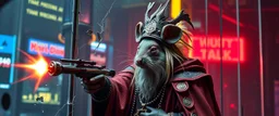 rasta rat priest king, cyberpunk setting, shooting at glass wall
