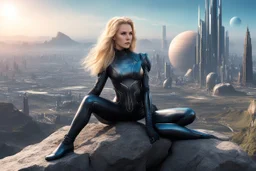 woman in an android-looking catsuit, with shoulder-length blond hair, sitting on a rock, sideways, with a planet behind her, a futuristic city on the horizon