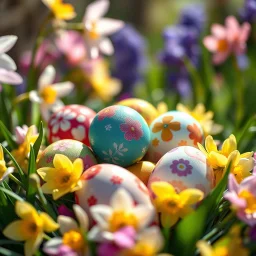 Hyperrealistic 8K photograph, 16:9 aspect ratio, cinematic lighting, shallow depth of field. Close-up, slightly elevated perspective of a meticulously arranged cluster of Easter eggs nestled amongst spring blossoms (daffodils, tulips, hyacinths). Eggs flawlessly smooth, glossy surfaces reflecting soft, diffused natural light filtering through a sun-drenched garden. Vibrant colors: azure, emerald, ruby, golden yellow, blush pink. Intricate patterns: delicate pastel floral motifs, iridescent go