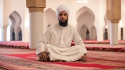 Religious leader, male, 30 years old, at the mosque wearing a turban, traditional Islamic cap, and using a prayer rug.