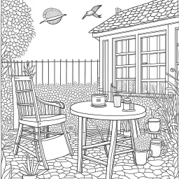 GARDEN HOUSE, "Teatime Tranquility: Capture the essence of a peaceful garden teatime scene, realistic, coloring page, only draw lines, coloring book, clean line art, wildlife-inspired, kid style, –no sketch, color, –ar 3:4, white background, minimalistic black lines, 8k, minimal black color, low level black colors, coloring page, use pure black and white colors, avoid thick black colors, thin black line art, avoid colors, perfect shape, perfect clear lines, clear edges,