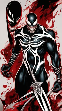 A close picture of Venom symbiote as ghost of Sparta red tattoos and Clothes, holding blade of choice