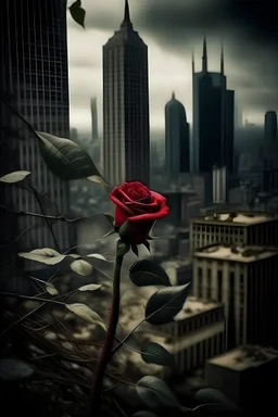 A big city between the leaves of a giant rose and beneath the thorns of the rose is a miserable city