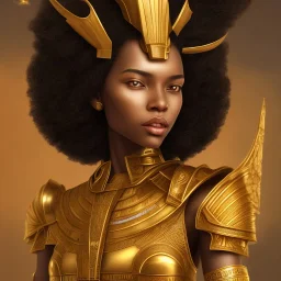 young african woman, short dark hair with golden highlights, ancient ((Egypt)),whole body, ancient armor, lion, golden jewelry, kente, flames as clouds, magnificent, majestic, highly intricate, incredibly detailed, ultra high resolution, complex 3d render,