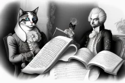 Mature cats dressed like _Wolfgang Amadeus Mozart_, paws, perfect iris, playing music, stre...istic, extremely accurate, delicate, extremely detailed, Graphic novel style, wide-angle, open aperture, superfine pencil