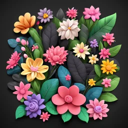 Mother's Day different varieties of flowers and leaves on a black background. 3D vector cartoon asset, mobile game cartoon stylized, clean and detailed.