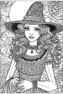 coloring pages for adults, beautiful girl in hallowen costume, in the style of Blocky, Swirly lines, Low Detail, Graded background, Black and white, No Shading, --ar 9:16