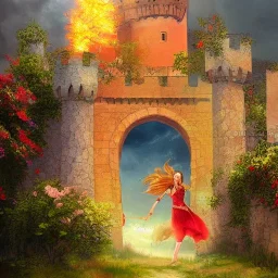  Castle into sky, with flowers of fire. Green clouds and birds. Shy girl going out of the main gate. Detailed painting, sharp color, medieval, intricate detail, far sceen, realistic colors, medieval concept art. spring.