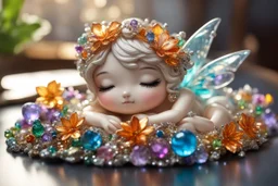 closeup, cute chibi sleeping fairy, Coloured glass flowers set with gemstones, glittering metal stems and gemstone leaves on a room table sharp focus elegant extremely detailed intricate very attractive beautiful dynamic lighting fantastic view crisp quality exquisite detail in the sunshine gems and jewels