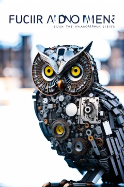 Owl made of computer parts, Lush Void: The Solar-Cyborg, Underpunk, imperfection, natural lighting, cinematic, Fuji Film, Anamorphic lens, 2040s, deep depth of field, Solarpunk