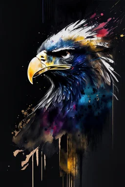 abstract painting, watercolor, full color, black background, 8k resolution, splashed, varied brushstrokes, eagle head