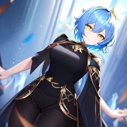 Clear focus, High resolution, short light blue fluffy hair, hair between eyes, yellow eyes, wearing black magma shorts, detailed outfit, blue and black outfit, gold accessory, female