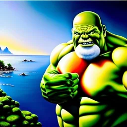 Ultra detailed fullbody Portrait in oil on canvas of Master Roshi merges with Hulk ,extremely detailed digital painting,extremely detailed face,crystal clear Big eyes, mystical colors ,perfectly centered image, perfect composition, rim light, beautiful lighting,masterpiece,8k, stunning scene, raytracing, anatomically correct, in the style of Wizyakuza and robert e howard and InHyuk Lee and Ohrai Noriyoshi and Simon Bisley.