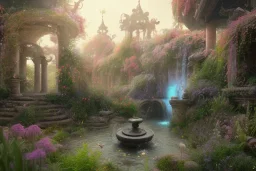 beautiful hyperrealistic secret flower garden in the middle of temple ruins, water fountain, birds flying, highly detailed, digital painting, trending artstation, concept art, illustration, cinematic lighting, vibrant colors, photorealism, epic, octane render