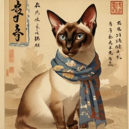 Vintage Japanese art style portrait of a chocolate point Oriental shorthair Siamese cat, inspired by Ukiyo-e prints, elegant smooth fur with soft white highlights, intricate chocolate and muted tan patterns within the fur, deep [COLOR], bold blue scarf around neck, aged beige background with traditional [COLOR] and black calligraphy, delicate brush textures, muted earthy palette, subtle antique atmosphere." "Sho Hotei" 寿 ホテイ (Jū Hotei) in Japanese.