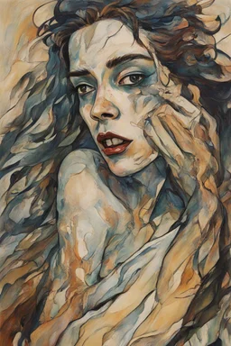 Painting of a wailing Banshee girl, in the Expressionist style of Egon Schiele, Oskar Kokoschka, and Franz Marc, in muted natural colors