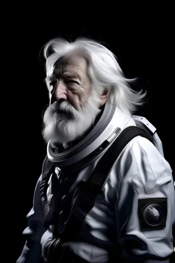 homme âgé de 60 ans barbe blanche cheveux blanc au vent en tenue d'astronaute debout en blanc fond noir