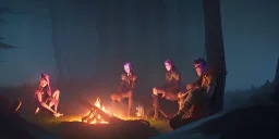 Adventurers resting around a campfire in a forest clearing at night, starry sky, dark fantasy, high detail, high definition, big adventuring bags