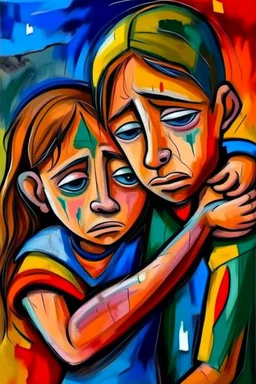 a girl hug her brother and both crying sadly, expressionism, Pixar style, in abstract art Basquiat, Picasso, Miro, Kandinsky, Klee, Birell, Fairey, Ardon, Buffet and Picasso style, HD --s 750 --v 5.1 --style raw, water color