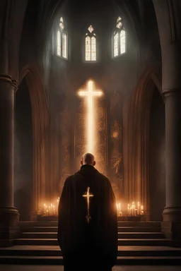A mysterious monk with glowing runes over his body, ominous church in warm light, Cinematic style