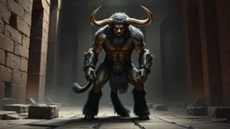 Majestic minotaur warrior standing in ancient labyrinth, muscular build, fur-covered legs, imposing horns, detailed texture, dramatic lighting, epic fantasy style