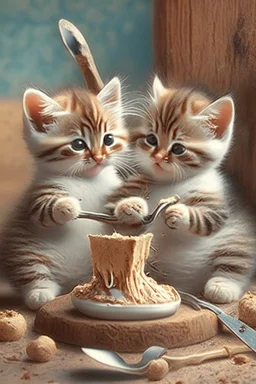 cute kittens eating cake with a wooden spoon