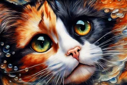 Golden ratio, ultra detailed watercolor painting, wet on wet painting, soft edges beautiful (((Masterpiece))) Create an image of a calico cat partially submerged in water, with its face and upper neck visible just above the surface. The cat has distinct patches of orange, black, and white fur, giving it a vibrant and colorful appearance. Its eyes are large and expressive, with a bright green hue that reflects the light filtering through the water. The background is a rich und