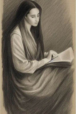 Pencil sketch of Young woman, Arab features,sad, long wavy hair, reading a book, full body، on lined paper