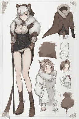 A dnd character sheet. A woman dressed for the cold north in black and white furs, with brown hair