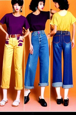 year 1996 denim fashion. Loose fit, low waist. Colors: denim blue, blue, purple, khaki, light green, lilac, plum, orange, terracotta, red, light yellow, lion yellow, pink, dark blue, beige. Women models.