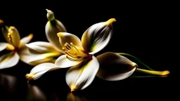 Isolated vanilla flowers on black background. Aromatic, fresh vanila flower yellow and white. Ambiance orchids and stick. Flavour, organic, tasty, elements, nature and natural. For design ingredient label.
