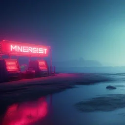 eine tankstelle inmitten auf dem meer, digital part,centered, detailed, 8k, shining, heaven, dampf, cyberpunk art, neon lights, neon signs, night, stars, stadion lichter