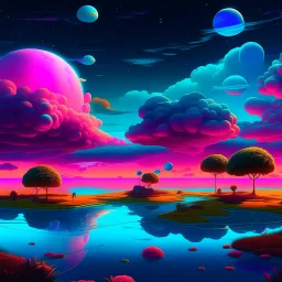 image of a surreal, otherworldly landscape with floating islands, bioluminescent plants, and a sky filled with multiple moons and vivid colors."pool."pool."nightlife."clouds."overhead."and pink."